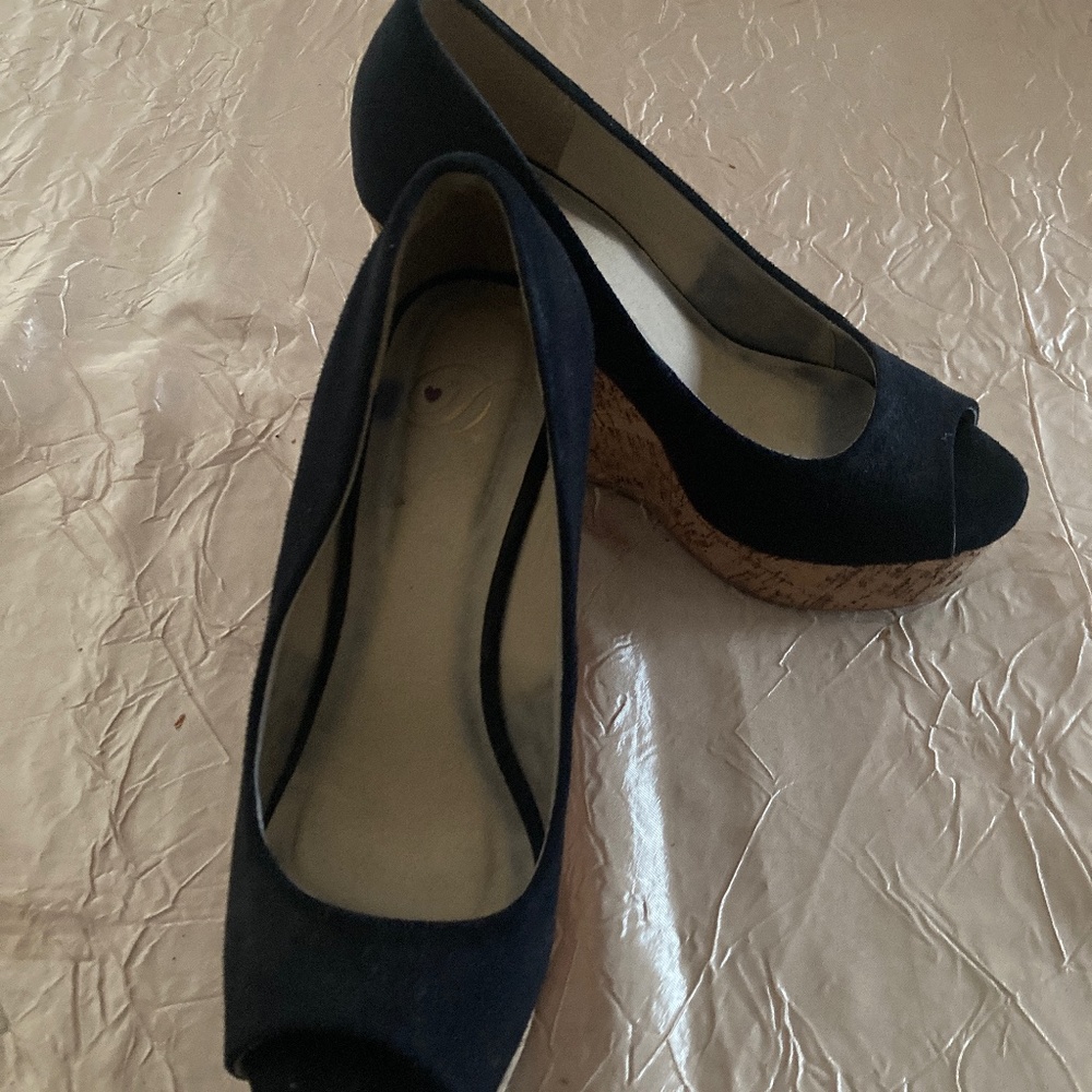 4” Black Cork Platform Peep Toe Slip On